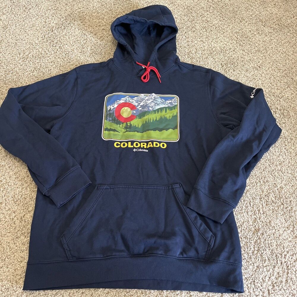 Colombia Men's Landscape Hoodie Colorado Logo Camping Hiking Navy/Red Size Large
